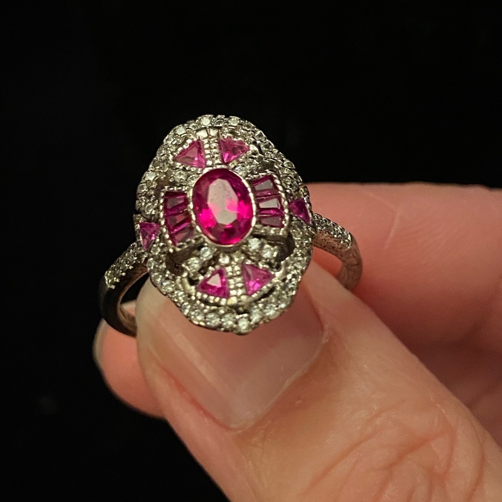 Vintage Art Deco Style Oval Ruby Lab Created Diamond Sterling Silver Ring 9.75 - Picture 3 of 12